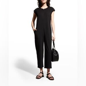 Eileen Fisher Cropped Cap Sleeve Black Jumpsuit - Zip Front